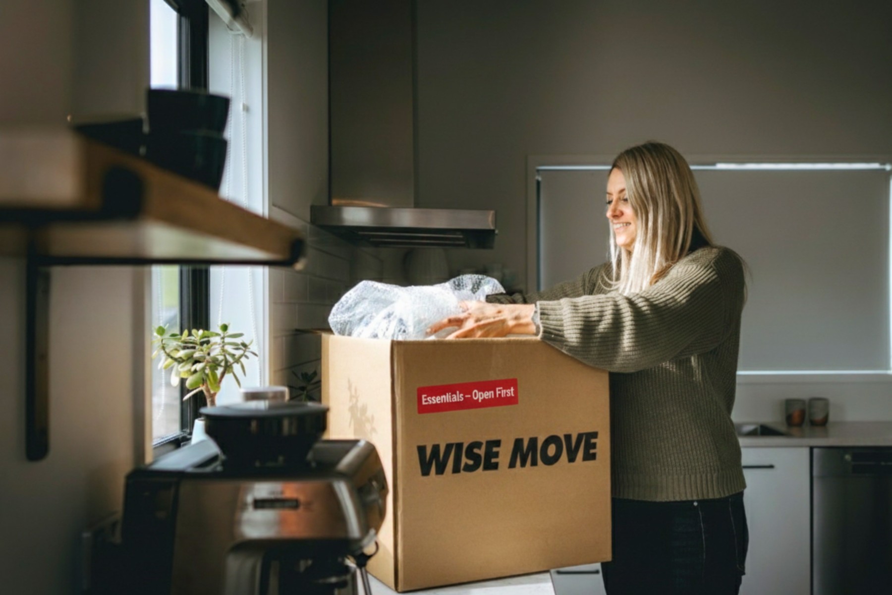 Women unpacking a box labelled 'Essentials - Open First'